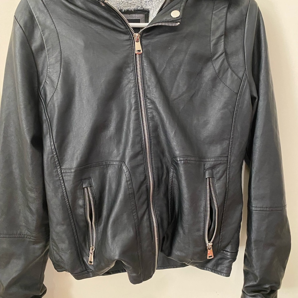 YMI Black Faux Leather Jacket with Hoodie – Size Small